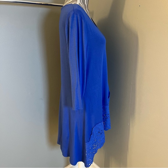 Chicos Womens Aster Blue 1/2 Sleeve Boho Lace Trim Rayon Stretchy Tunic Top Sz 1 - Picture 9 of 15